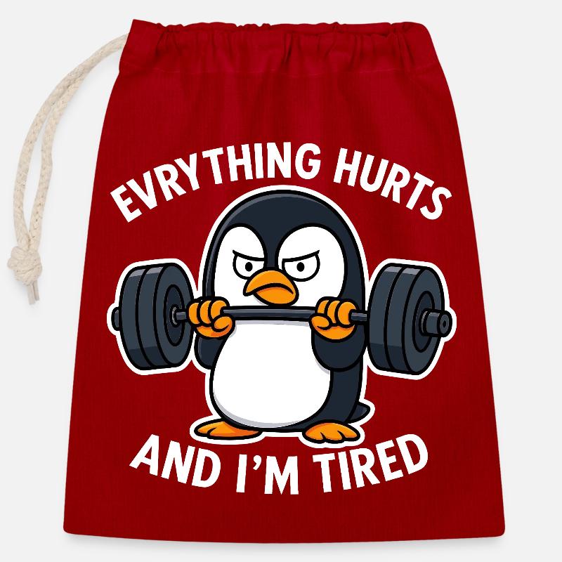 Grumpy Penguin Lifting Weights - Closable cotton gift bag (25x30cm) - red