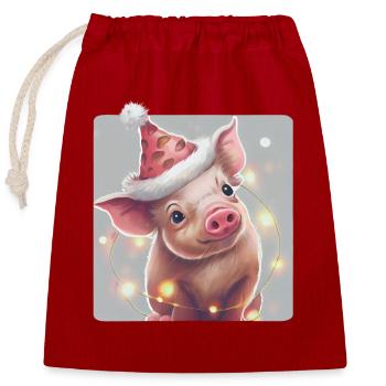 Ferkel mit Weihnachtsmütze - Verschließbarer Geschenkbeutel aus Baumwolle (25x30cm) - Rot - Vorne