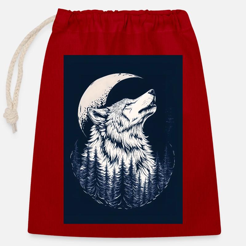 Wolf & Moon – Mystical Forest Design in Blue - Closable cotton gift bag (25x30cm) - red