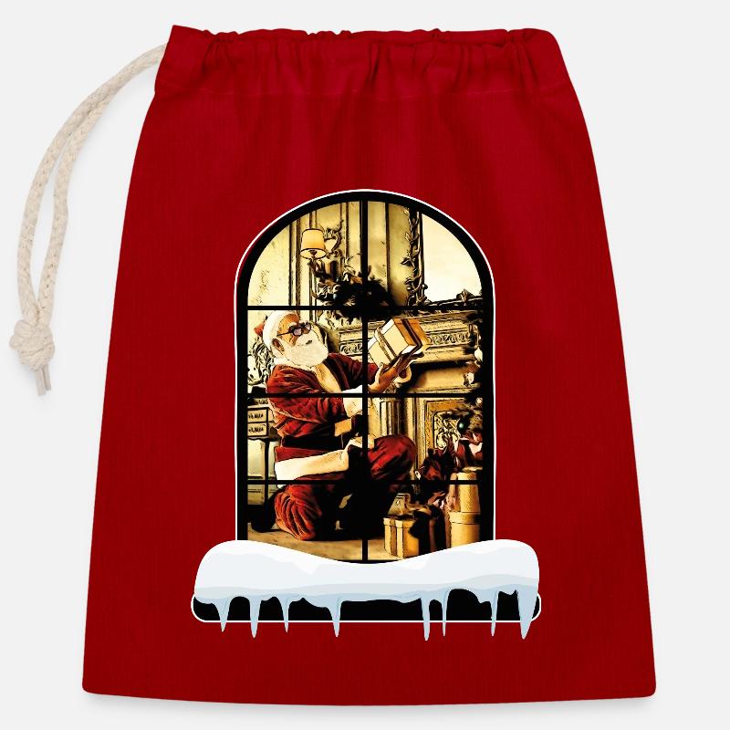 Der Weihnachtsmann zu Hause - Verschließbarer Geschenkbeutel aus Baumwolle (25x30cm) - Rot