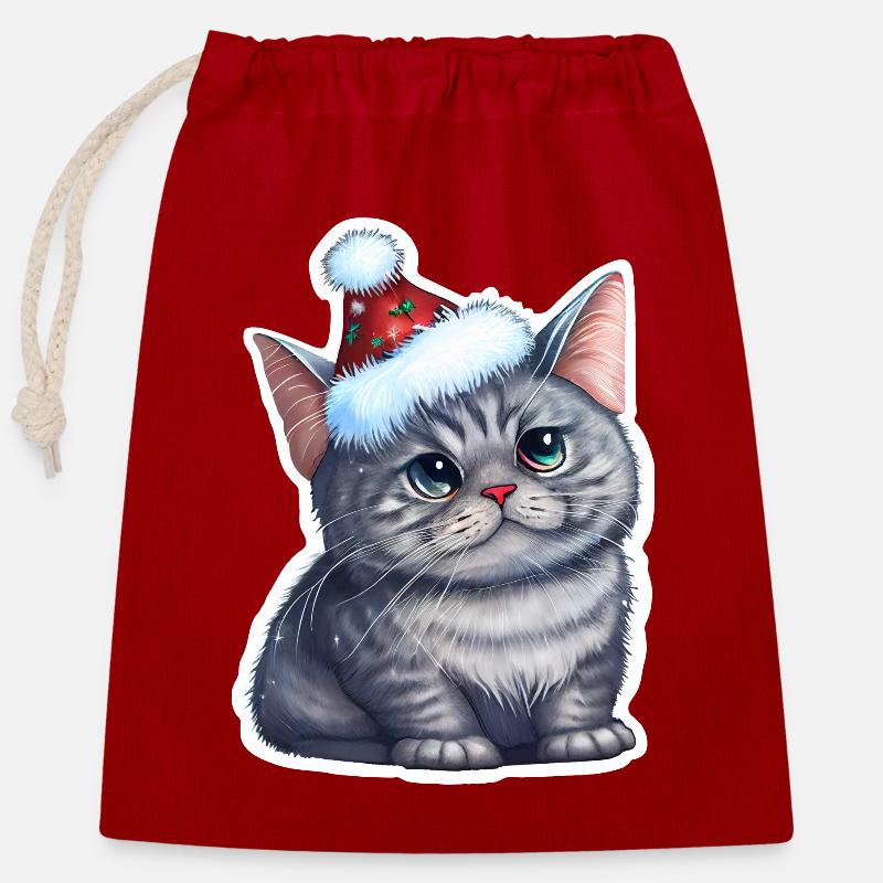 Chat de Noël, mignon et mignon avec une casquette - Sac cadeau en coton avec cordon (25 x 30 cm) - rouge