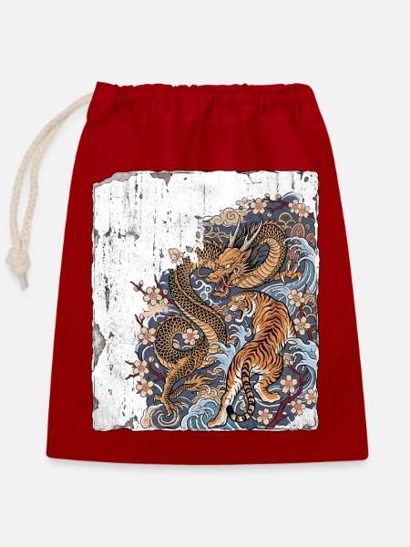 Drache Tiger Wand Chinesisch - Verschließbarer Geschenkbeutel aus Baumwolle (25x30cm) - Rot