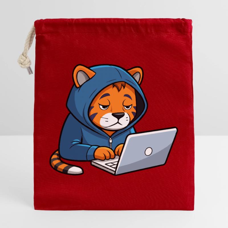 Le mignon hacker Tiger dort dans un sweat à capuche devant le PC Sac cadeau en coton avec cordon (25 x 30 cm)