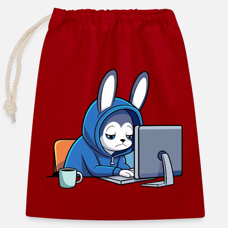 Un lapin hacker mignon dort dans un sweat à capuche devant le PC - Sac cadeau en coton avec cordon (25 x 30 cm) - rouge