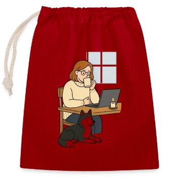 Pause-café dans le bureau à domicile Chien - Sac cadeau en coton avec cordon (25 x 30 cm) - rouge - Devant