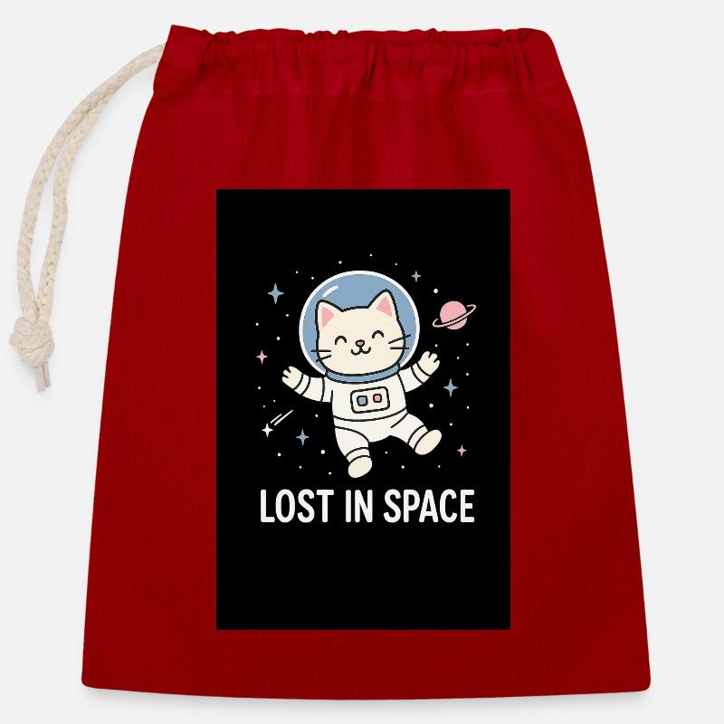 Astronaute chat perdu dans l’espace - Sac cadeau en coton avec cordon (25 x 30 cm) - rouge