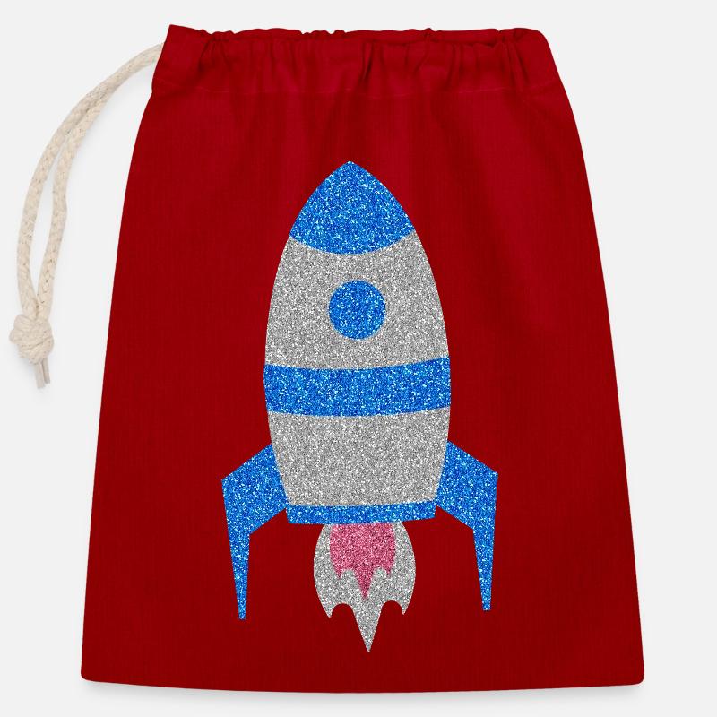 Blaue Silber-Glitzer-Weltraumrakete - Verschließbarer Geschenkbeutel aus Baumwolle (25x30cm) - Rot