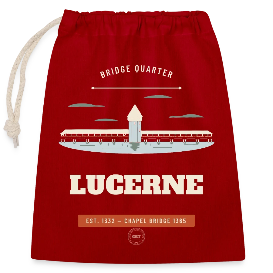 Lucerne badge on a closable cotton gift bag (25x30cm), red