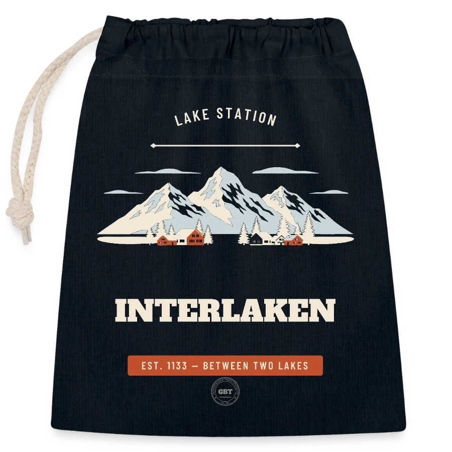 Interlaken badge on a closable cotton gift bag (25x30cm), navy