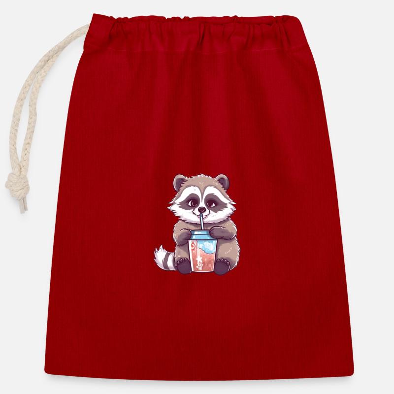 Waschbär mit Eiskaffee - Verschließbarer Geschenkbeutel aus Baumwolle (25x30cm) - Rot