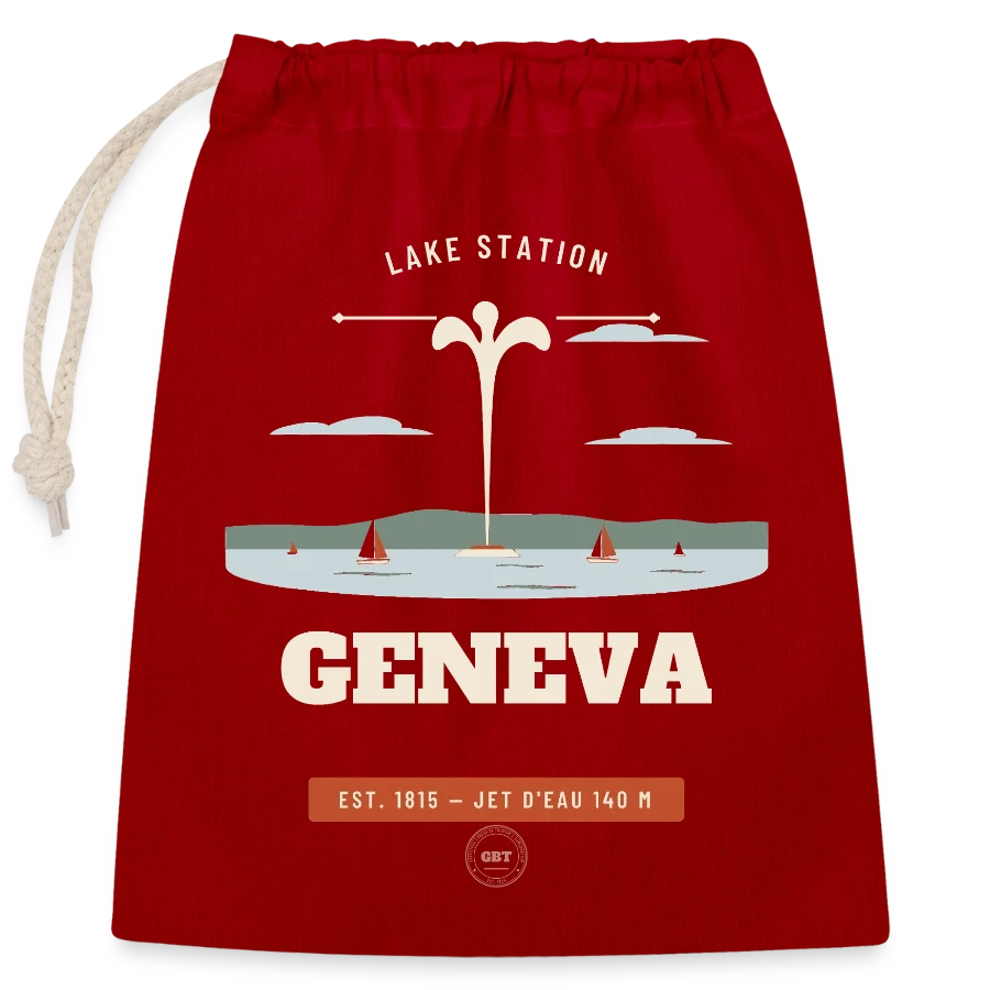 Geneva badge on a closable cotton gift bag (25x30cm), red