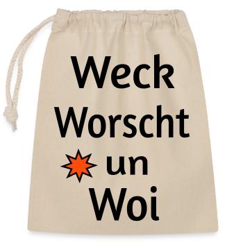 Weck Worscht un Woi - Verschließbarer Geschenkbeutel aus Baumwolle (25x30cm) - Natur - Vorne