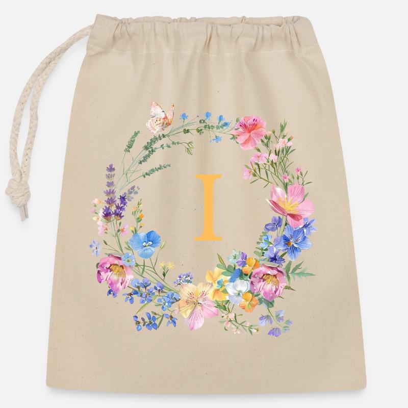 I Monogram Floral, Couronne de fleurs, personnalisable - Sac cadeau en coton avec cordon (25 x 30 cm) - nature