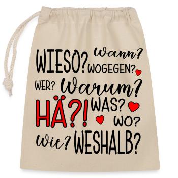 FRAGEWÖRTER - DEUTSCHLEHRER - W-FRAGEN - LUSTIG - Verschließbarer Geschenkbeutel aus Baumwolle (25x30cm) - Natur - Vorne