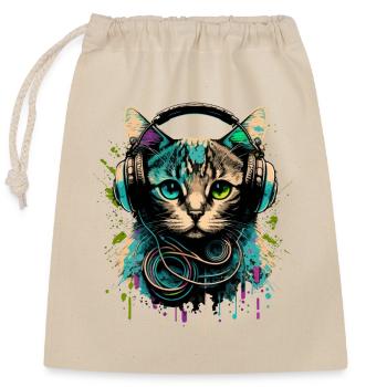 Katze mit Headset - Verschließbarer Geschenkbeutel aus Baumwolle (25x30cm) - Natur - Vorne