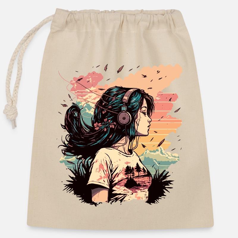 Anime Mädchen hört Musik - Verschließbarer Geschenkbeutel aus Baumwolle (25x30cm) - Natur