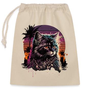 Synthwave Cat - Sac cadeau en coton avec cordon (25 x 30 cm) - nature - Devant