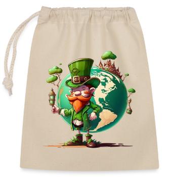 Weltglücks-Leprechaun - Verschließbarer Geschenkbeutel aus Baumwolle (25x30cm) - Natur - Vorne