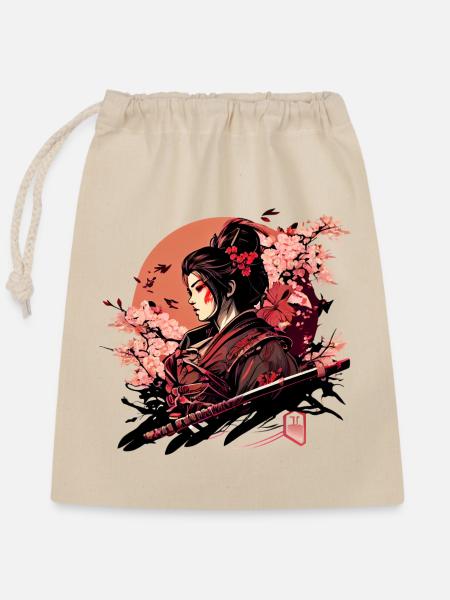 Wunderschöne Kriegerin mit Kirschblüten Sakura - Verschließbarer Geschenkbeutel aus Baumwolle (25x30cm) - Natur