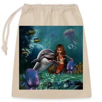 Sirène mignonne et dauphin drôle - Sac cadeau en coton avec cordon (25 x 30 cm) - nature - Devant