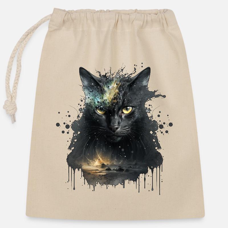 Chat noir dans la conception de l’espace - Sac cadeau en coton avec cordon (25 x 30 cm) - nature