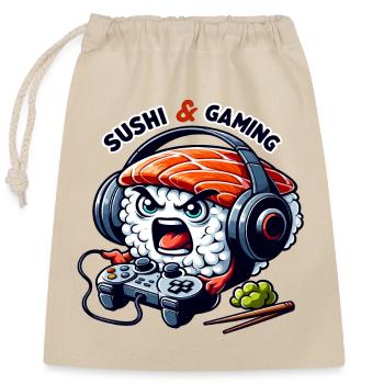 Sushi playing video games - Closable cotton gift bag (25x30cm) - nature - Front