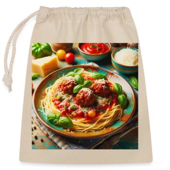 Spaghetti mit Fleisch - Verschließbarer Geschenkbeutel aus Baumwolle (25x30cm) - Natur - Vorne