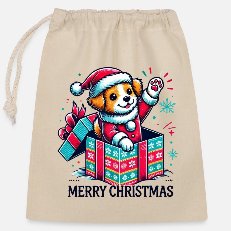 Dog Merry Christmas High Five 2 - Closable cotton gift bag (25x30cm) - nature