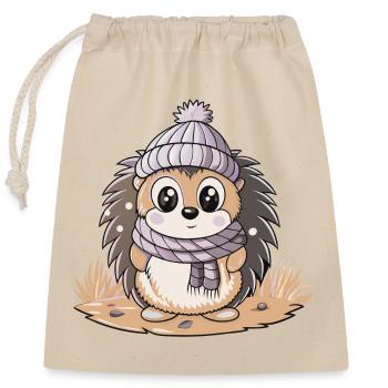 Cute hedgehog with scarf and bobble hat. - Closable cotton gift bag (25x30cm) - nature - Front