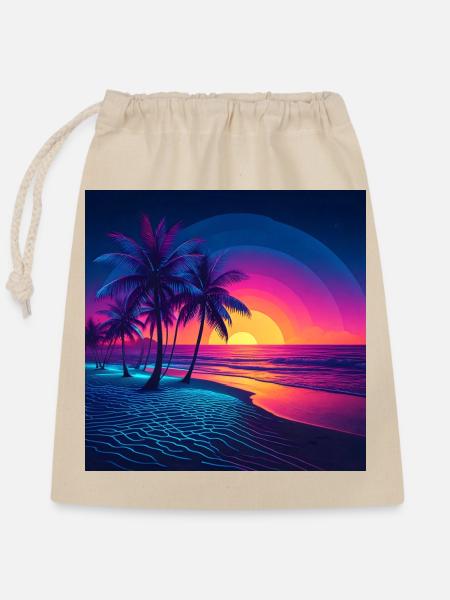 Neon Sonnenuntergang Palmenstrand - Verschließbarer Geschenkbeutel aus Baumwolle (25x30cm) - Natur