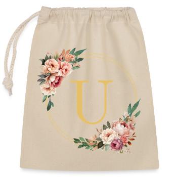 U Monogram, Couronne de fleurs, Personnalisable - Sac cadeau en coton avec cordon (25 x 30 cm) - nature - Devant