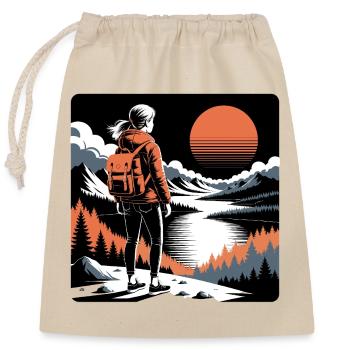Hiker girl scenic sunset adventure - Closable cotton gift bag (25x30cm) - nature - Front