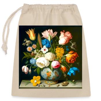 Elegante Blumenvase bunte Blütenpracht flämisch - Verschließbarer Geschenkbeutel aus Baumwolle (25x30cm) - Natur - Vorne