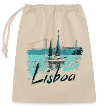 Brücke von Lissabon 25. April: Blick auf den Tejo, schwarze Schrift - Verschließbarer Geschenkbeutel aus Baumwolle (25x30cm) - Natur - Vorne
