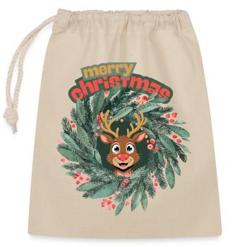 Cute reindeer in Christmas wreath - Closable cotton gift bag (25x30cm) - nature - Front