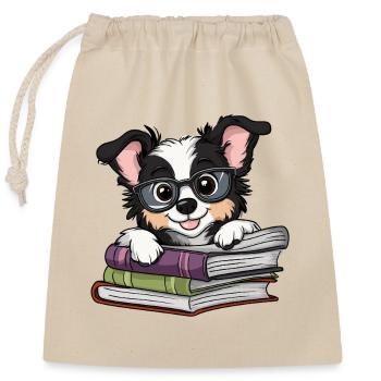 Livre de lecture de chien collet mignon avec des lunettes - Sac cadeau en coton avec cordon (25 x 30 cm) - nature - Devant