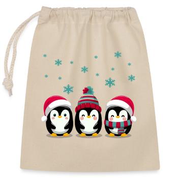 Drei Pinguine mit Weihnachtsmützen - Verschließbarer Geschenkbeutel aus Baumwolle (25x30cm) - Natur - Vorne