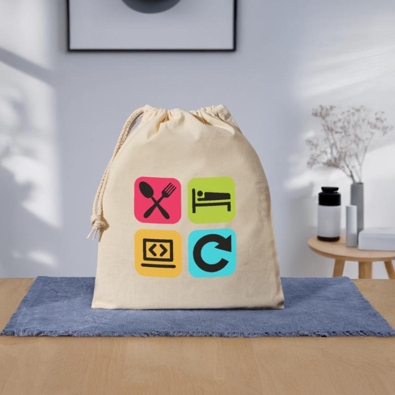 Code de citation drôle répété par le programme Eat Sleep Sac cadeau en coton avec cordon (25 x 30 cm)