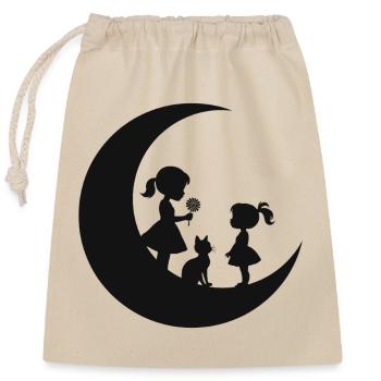 Mädchen Blume Katze auf dem Mond Silhouette - Verschließbarer Geschenkbeutel aus Baumwolle (25x30cm) - Natur - Vorne