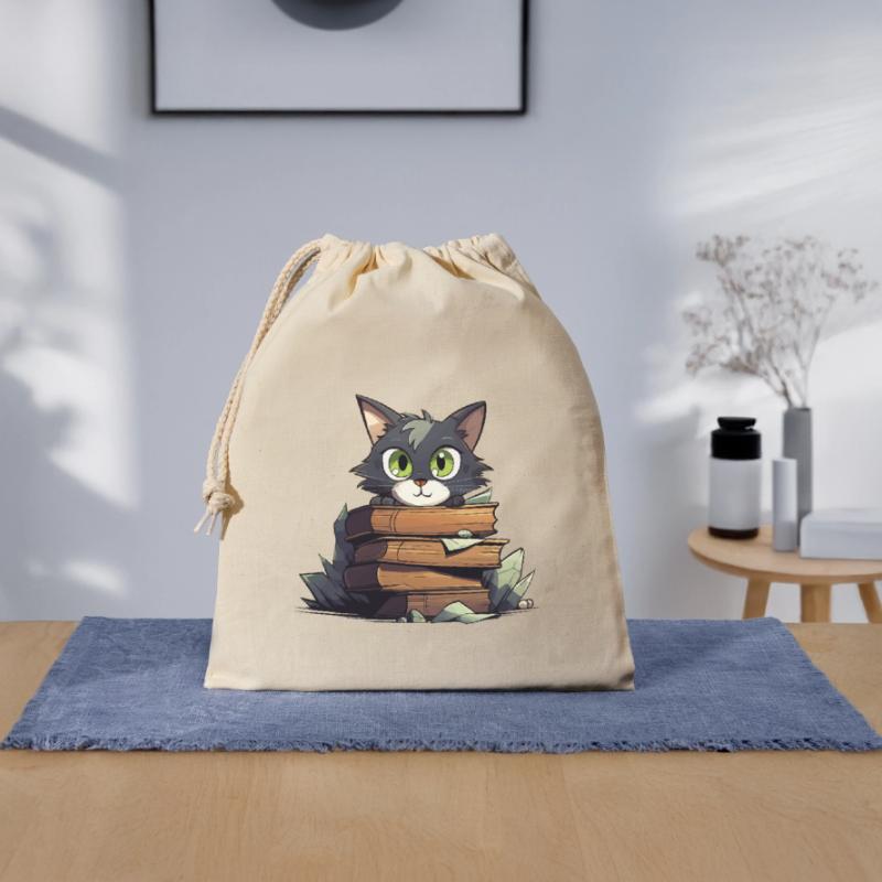Cat Book Stack Closable cotton gift bag (25x30cm)