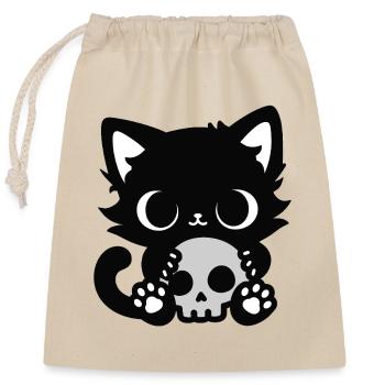 Chat mignon effrayant avec un crâne | Motif d’Halloween - Sac cadeau en coton avec cordon (25 x 30 cm) - nature - Devant