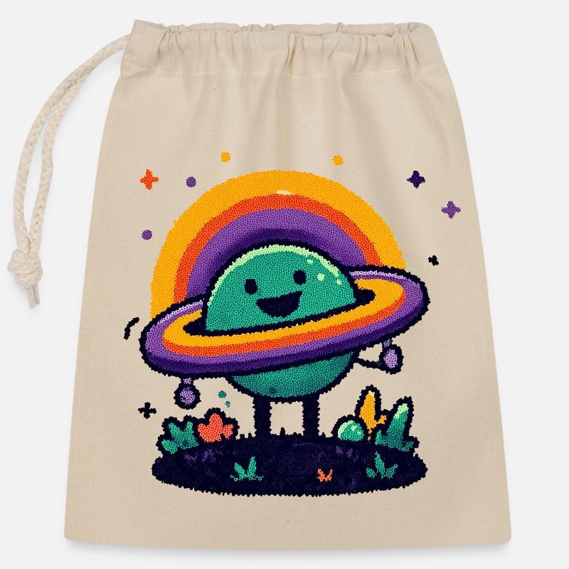 Colorful planet with ring - Closable cotton gift bag (25x30cm) - nature