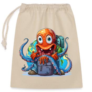 Travel Octopus with Globe - Closable cotton gift bag (25x30cm) - nature - Front