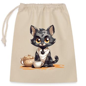 Kaffeezeit Katze mit Teekanne - Verschließbarer Geschenkbeutel aus Baumwolle (25x30cm) - Natur - Vorne