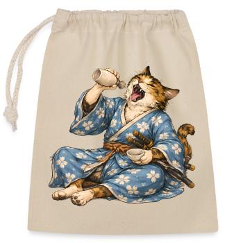 Saké de chat samouraï style ukiyo-e japonais - Sac cadeau en coton avec cordon (25 x 30 cm) - nature - Devant