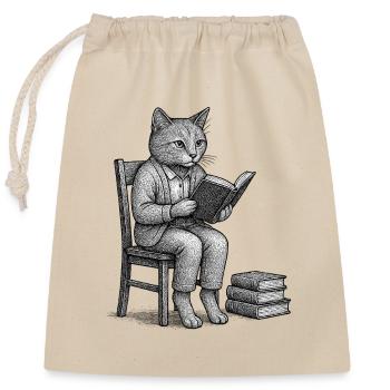Bücherliebende Katze mit Hosenträgern - Verschließbarer Geschenkbeutel aus Baumwolle (25x30cm) - Natur - Vorne