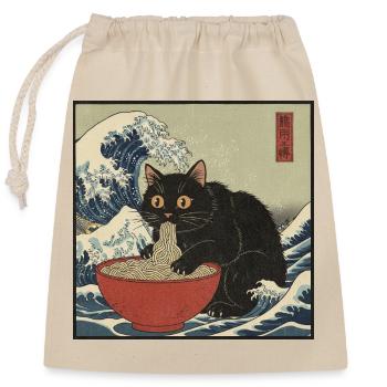 Japan Cat Ramen Noodles Retro Wave Pattern - Closable cotton gift bag (25x30cm) - nature - Front