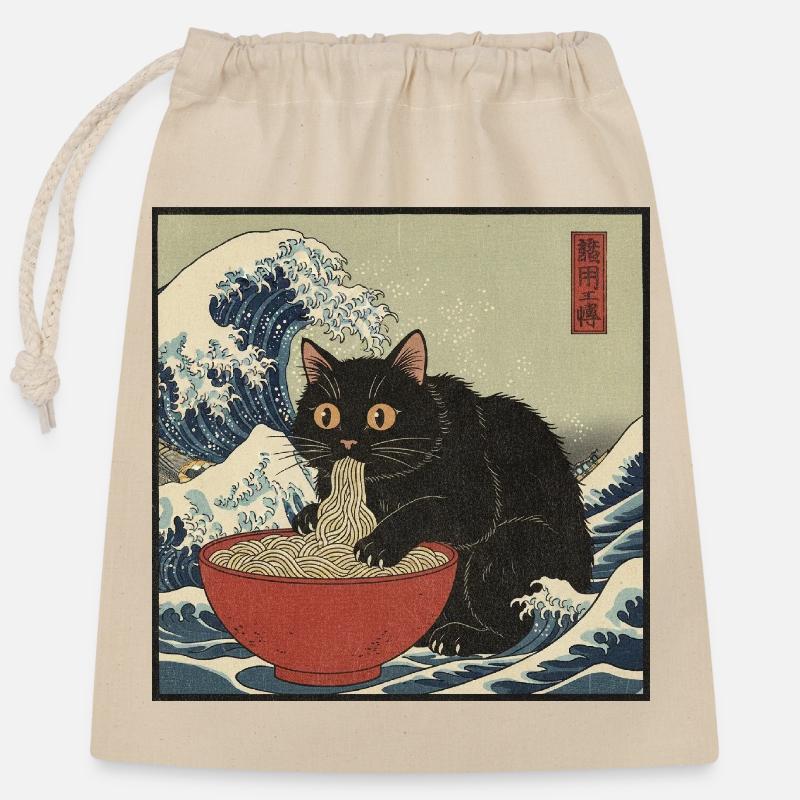 Japan Cat Ramen Nudeln Retro Wave Muster - Verschließbarer Geschenkbeutel aus Baumwolle (25x30cm) - Natur