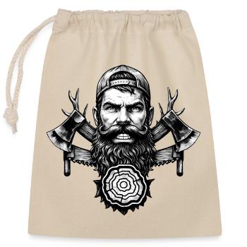 Lumberjack with beard, axes and tree trunk - Closable cotton gift bag (25x30cm) - nature - Front