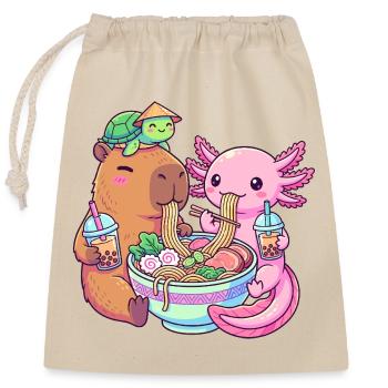Kawaii Ramen Boba Freunde Capybara Axolotl Schildkröte - Verschließbarer Geschenkbeutel aus Baumwolle (25x30cm) - Natur - Vorne